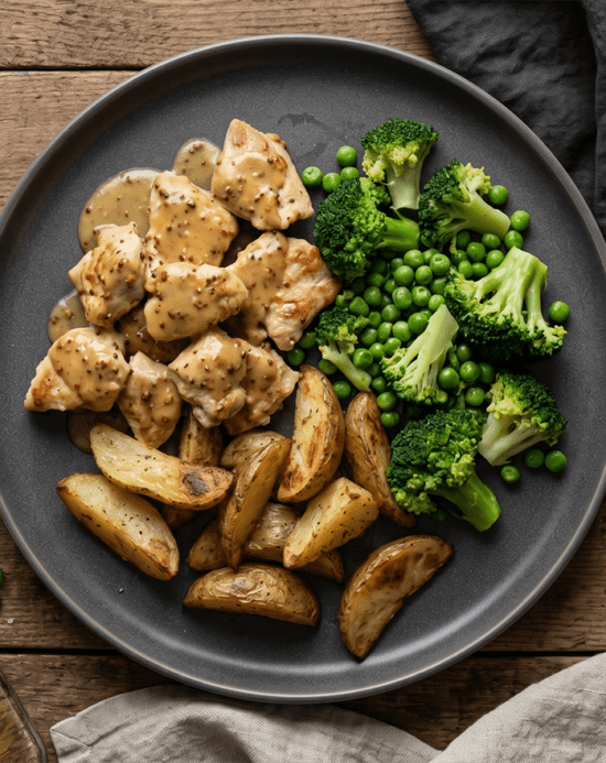 Honey Mustard Chicken, Baby Potato Wedges & Mixed Veg