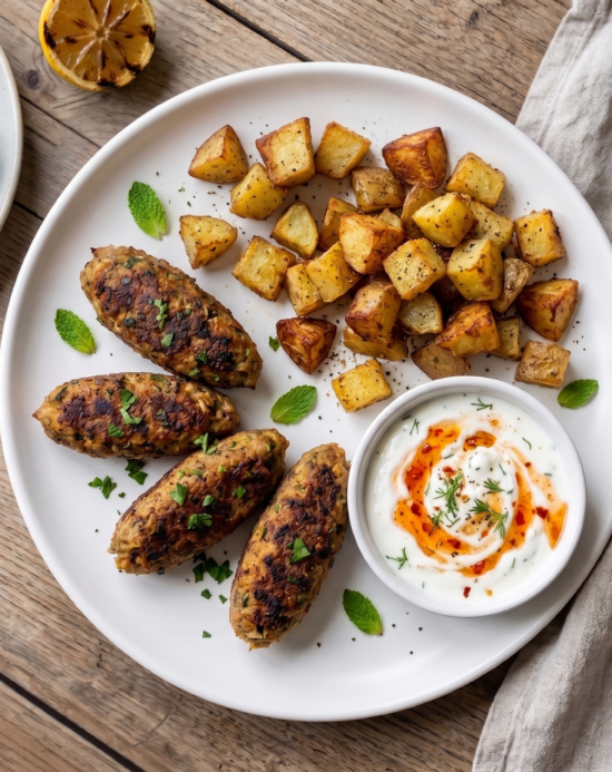 Lamb Kofta, Cumin Roasted Potato Cubes, Mint Yogurt Dip