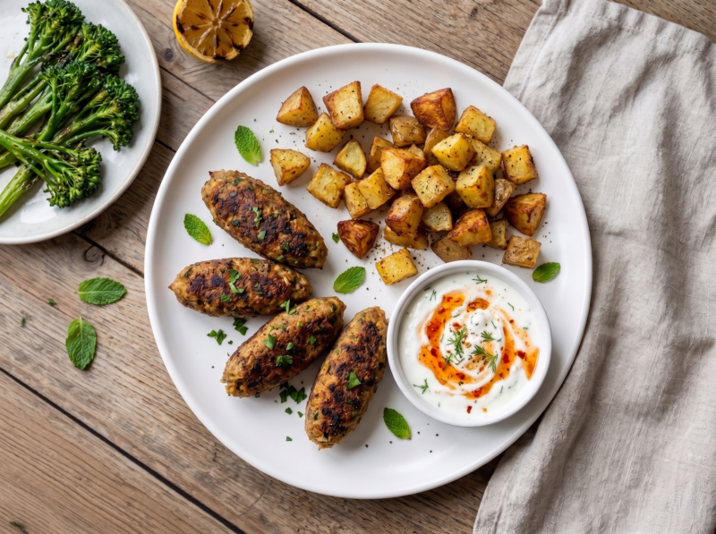 Lamb Kofta, Cumin Roasted Potato Cubes, Mint Yogurt Dip
