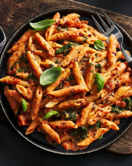 Harissa Penne Pasta, Roast Veg & Asparagus