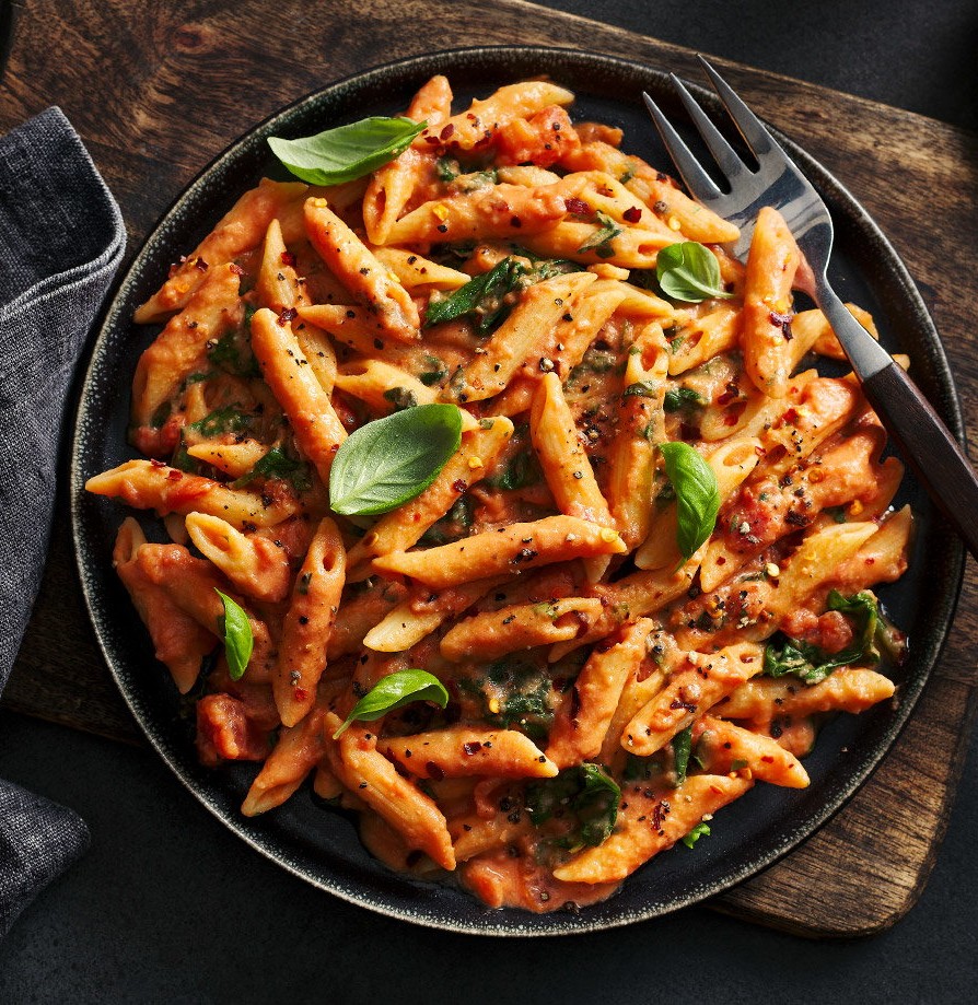 Harissa Penne Pasta, Roast Veg & Asparagus