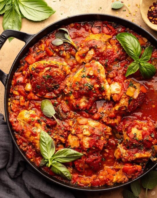 Mediterranean Chicken in Tomato Sauce with Garlic Roast Potatoes