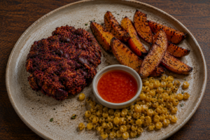 Carrot & Beetroot Bean Burger, Squash Wedges & Sweet Chilli Dip