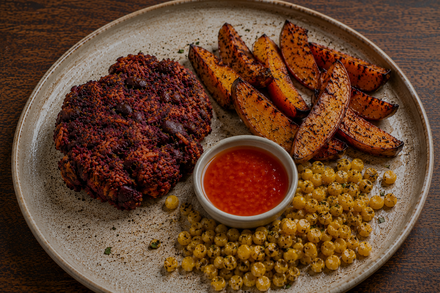 Carrot & Beetroot Bean Burger, Squash Wedges & Sweet Chilli Dip