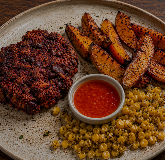 Spicey Bean Burger, Baby Potato Wedges & Sweet Chilli Dip