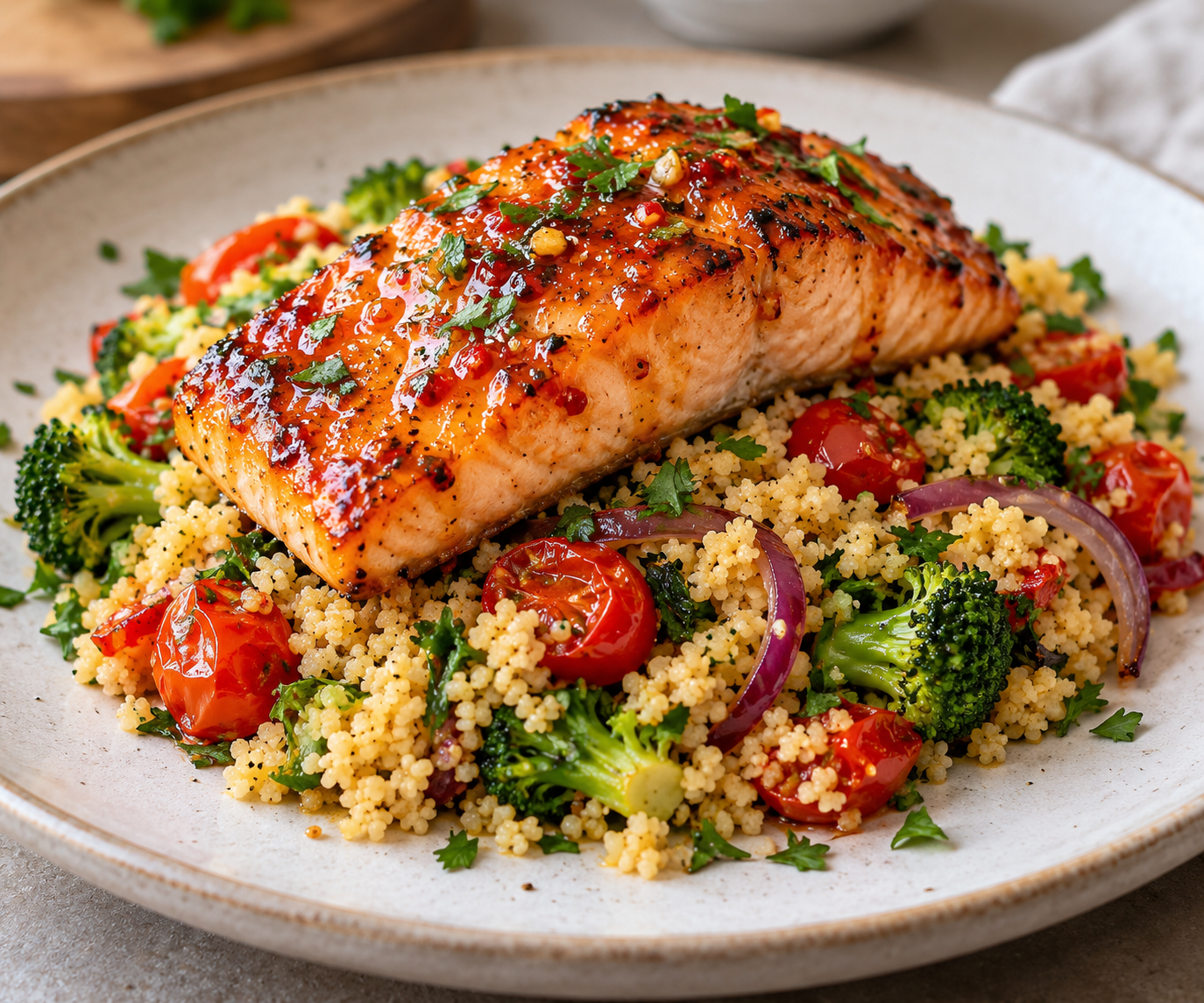 Sweet Chilli Salmon & Couscous Roast Veg