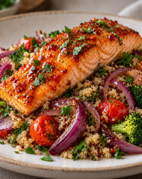 Sweet Chilli Salmon & Quinoa Roast Veg