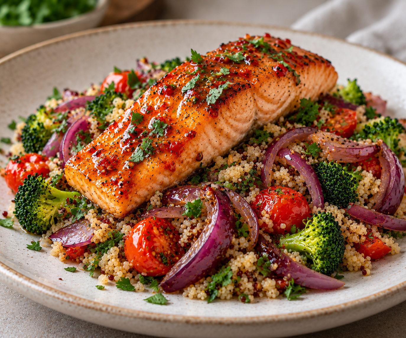 Sweet Chilli Salmon & Quinoa Roast Veg