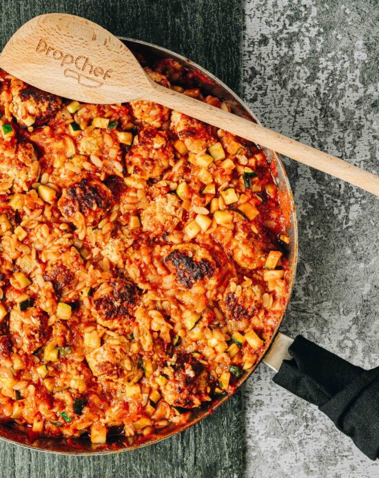 One Pan Turkey Meatballs With Creamy Basil Orzo