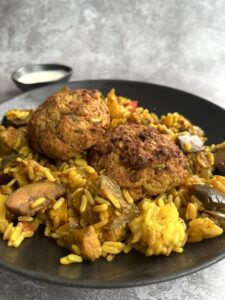 Chickpea & Cauliflower Balls, Curried Rice & Yogurt Dip