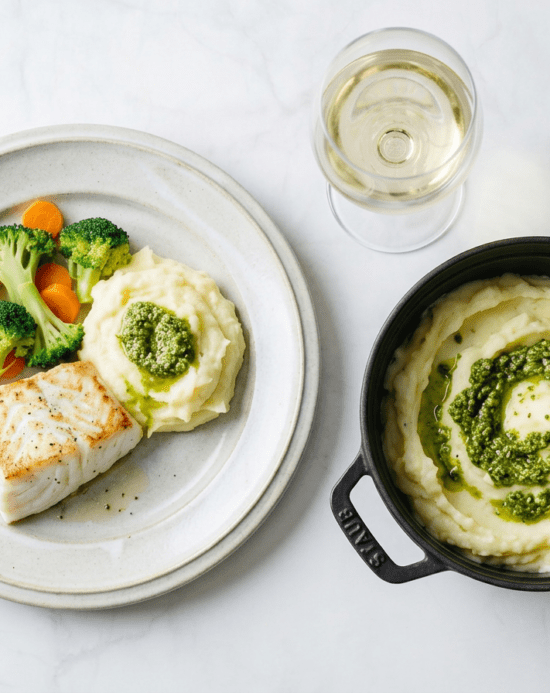 Pan Fried Cod and Pesto Potato With a Mixed Vegetable Medley