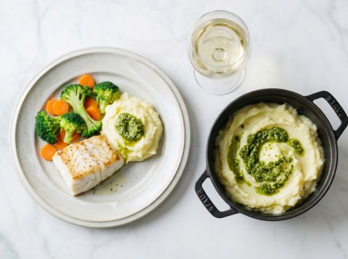 Pan Fried Cod and Pesto Potato With a Mixed Vegetable Medley