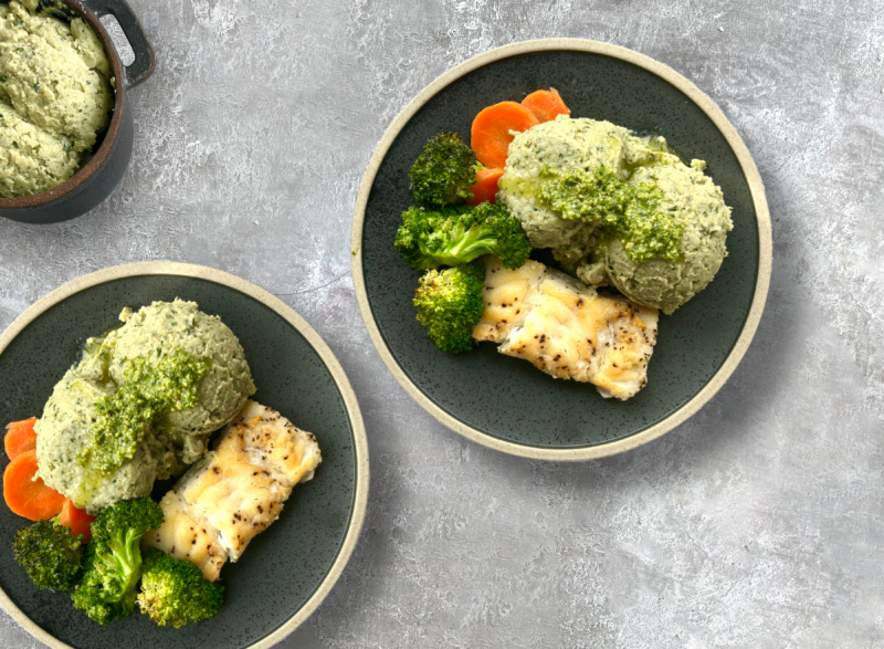 Pan Fried Cod and Pesto Potato With a Mixed Vegetable Medley