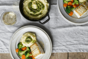 Pan Fried Cod and Pesto Potato With a Mixed Vegetable Medley