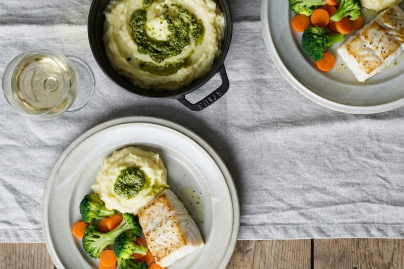 Pan Fried Cod and Pesto Potato With a Mixed Vegetable Medley