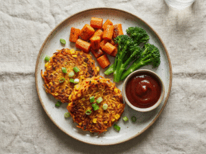 Potato & Sweetcorn Fritter, Veggies & Homemade Ketchup