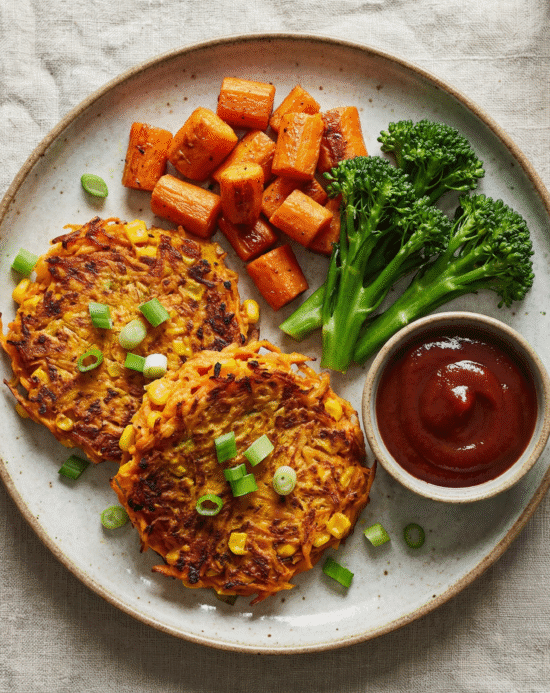 Potato & Sweetcorn Fritter, Veggies & Homemade Ketchup