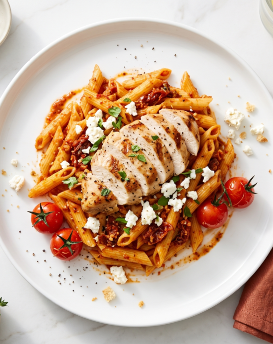 Red Pepper Pesto Penne with Sundried Tomato Chicken