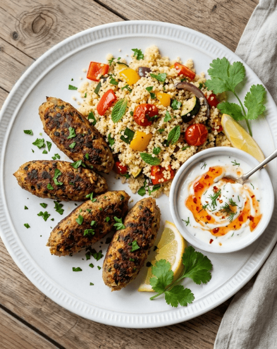 Veggie Kofta, Couscous Roast Veg & Sweet chilli yogurt Dip