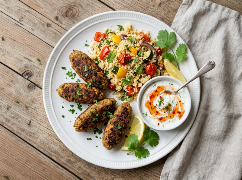 Veggie Kofta, Couscous Roast Veg & Sweet chilli yogurt Dip